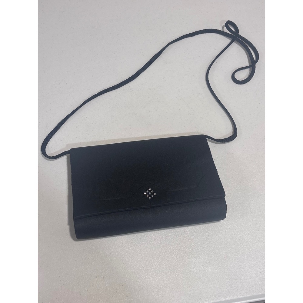 NYTLITES Black Satin Evening Clutch Rhinestone Accent Crossbody Formal Bag